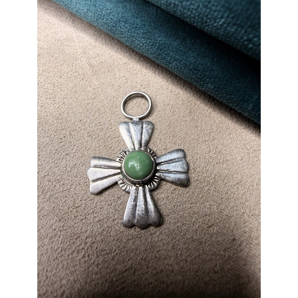 Vintage HAILAR 925 Sterling Silver Green Turquoise Cross Pendant Southwestern